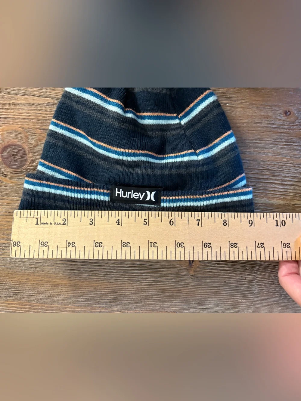 Hurley Youth Beanie Knit Hat Blue Black Orange Striped Fold Over Cuff Winter Cap